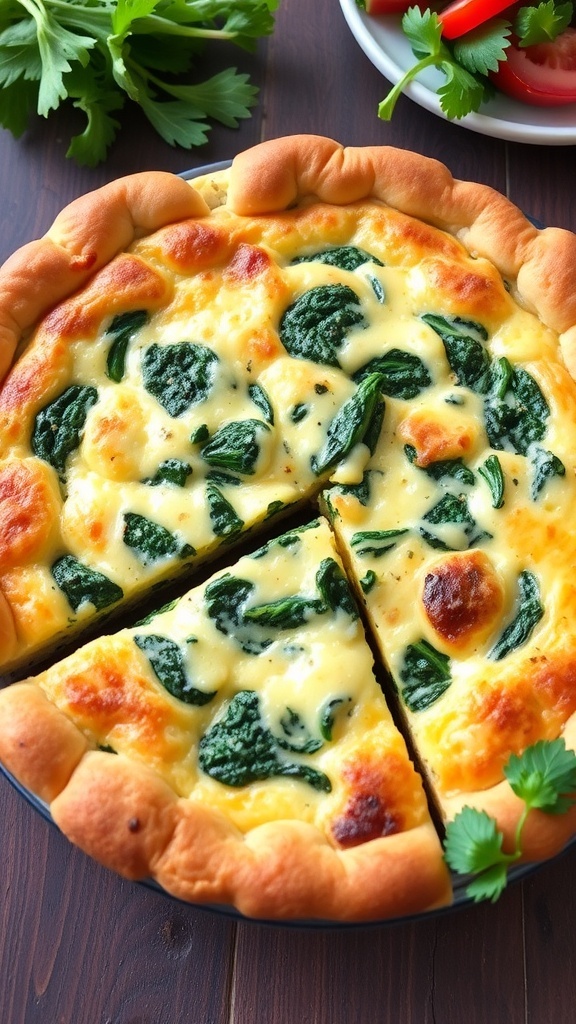 A slice of spinach and cheese quiche on a wooden table, showcasing a golden crust and green filling.